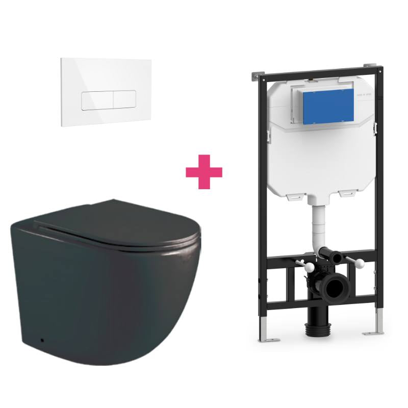 Pack inodoro genova negro mate con cisterna y pulsador blanco rectangular