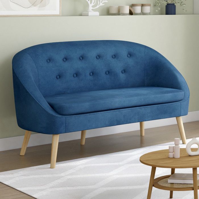 Sofá tipo banqueta de terciopelo azul de 2 plazas - l135 cm
