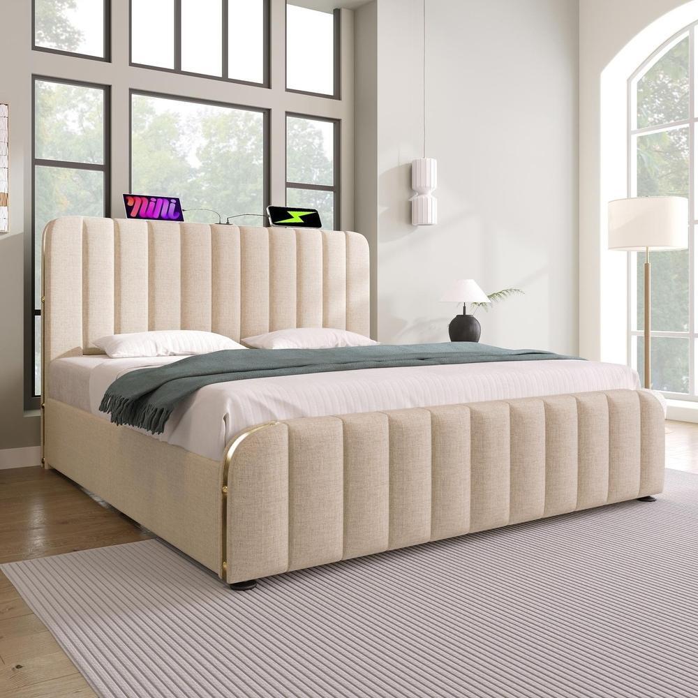 Cama tapizada con canapé hidráulico usb-c, 140x190cm, beige