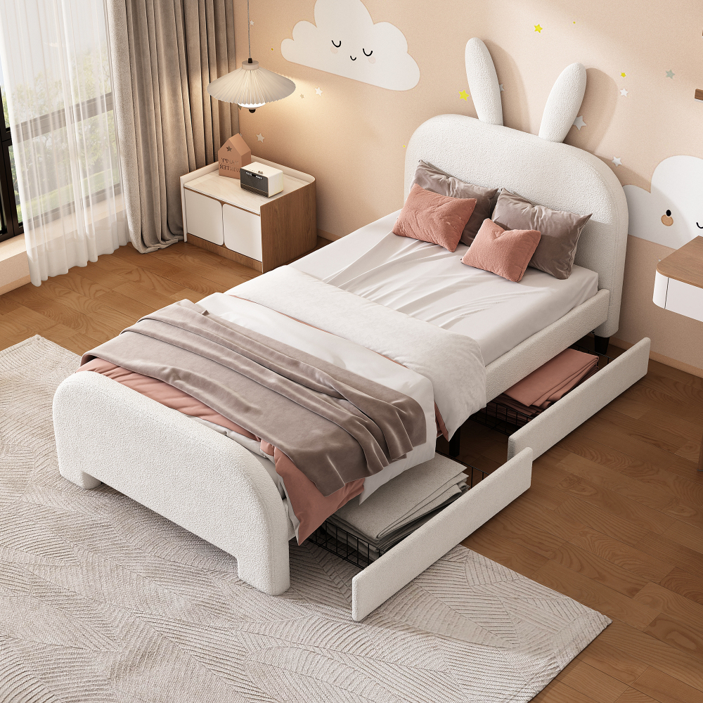 Cama infantil 90x200cm con 2 cajones mdf y felpa – color blanco