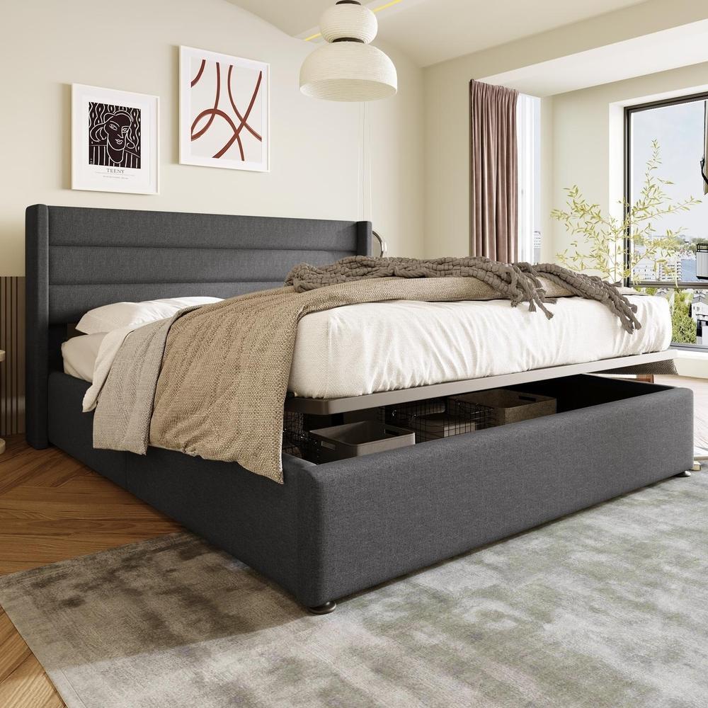 Cama con almacenaje hidráulico, somier de lamas 140x200 cm gris