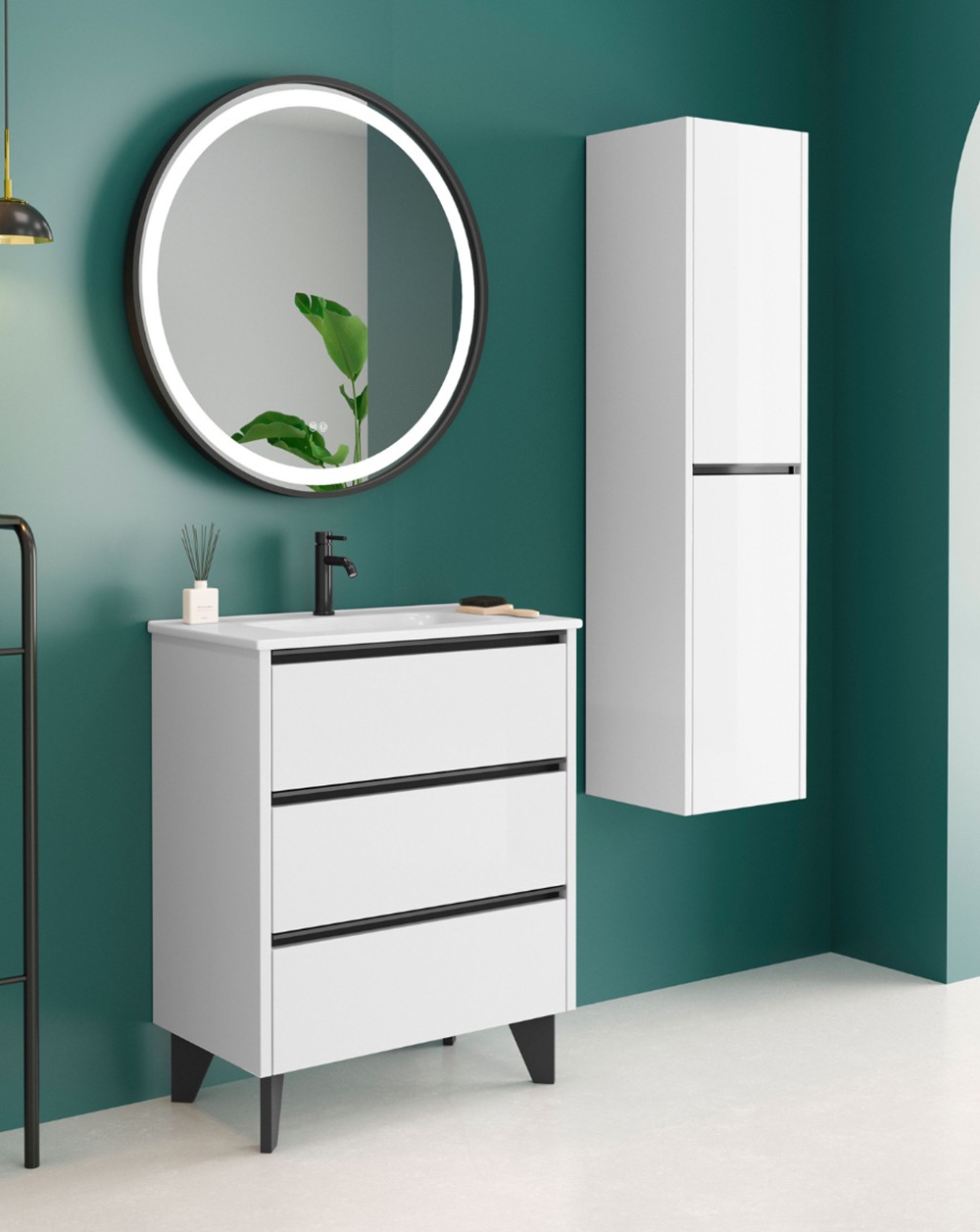 Mueble de baño al suelo con lavabo fondo reducido| 70 cm - blanco negro