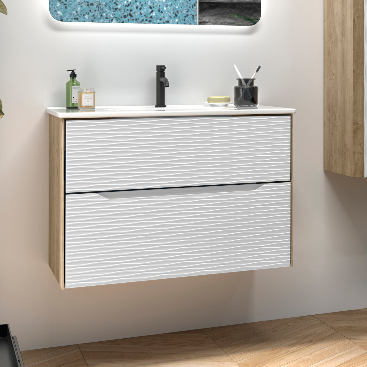 Mueble baño suspendido con lavabo cerámico | roble natural - blanco | 80cm