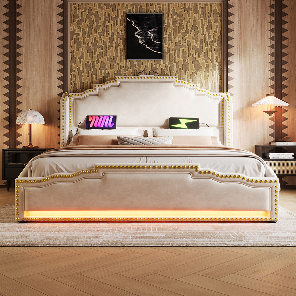 Cama tapizada 140 x 200,4 cajones,terciopelo, beige, sin colchón