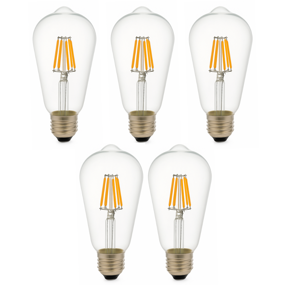 Pack x5 bombilla LED st64 E27 edison, filamento 8w 820lm. Luz cálida 2700k