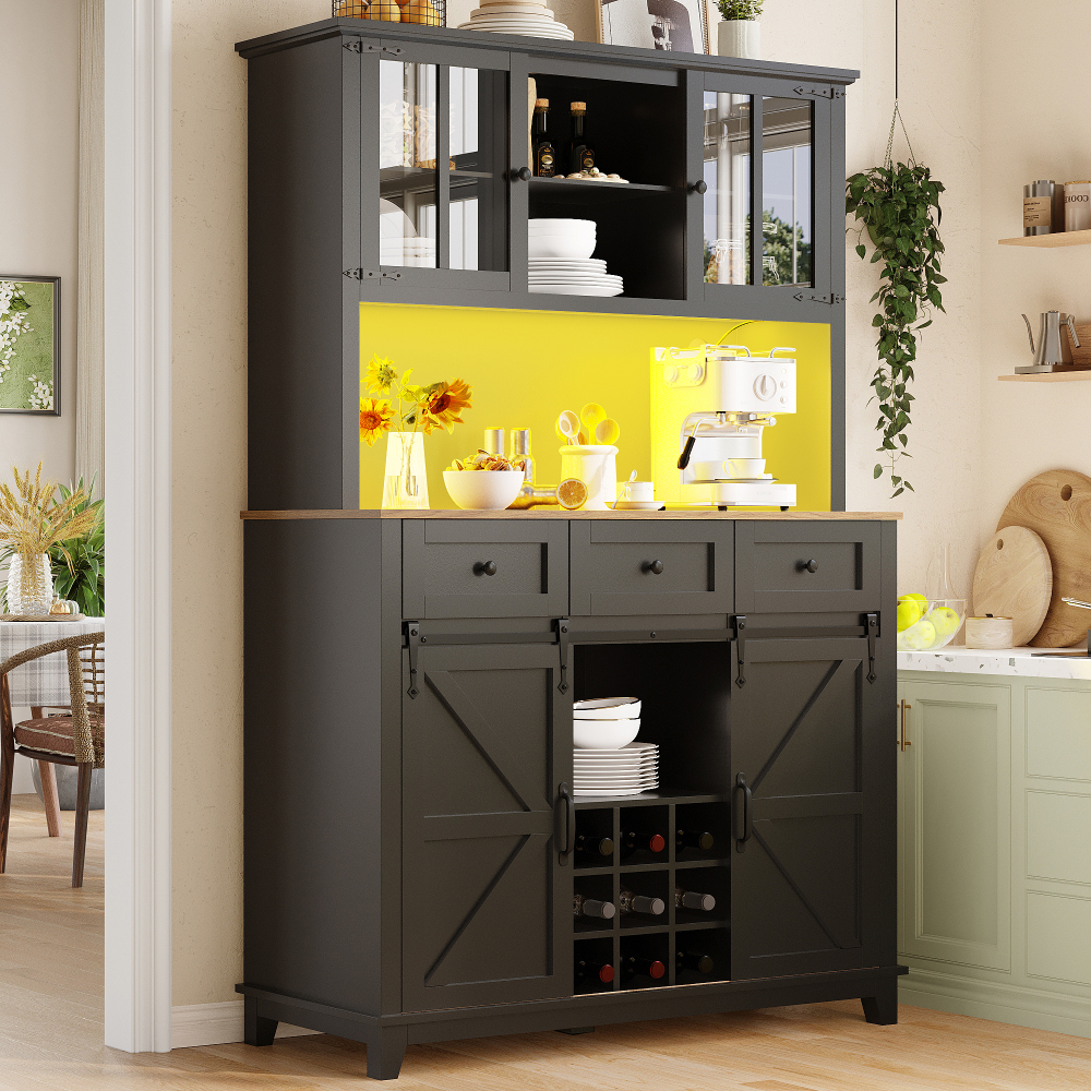 Vitrina de cocina con LED y puerta corredera negro 180x105x38,4cm
