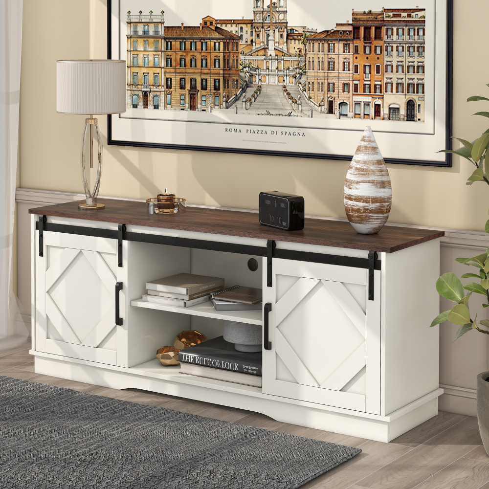 Mueble de tv con 2 puertas correderas blanco y marrón 60x150x40cm