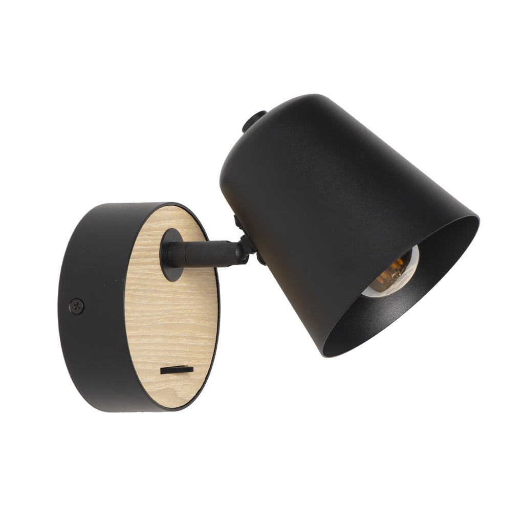 Aplique de pared negro y madera E27 orientable con interruptor