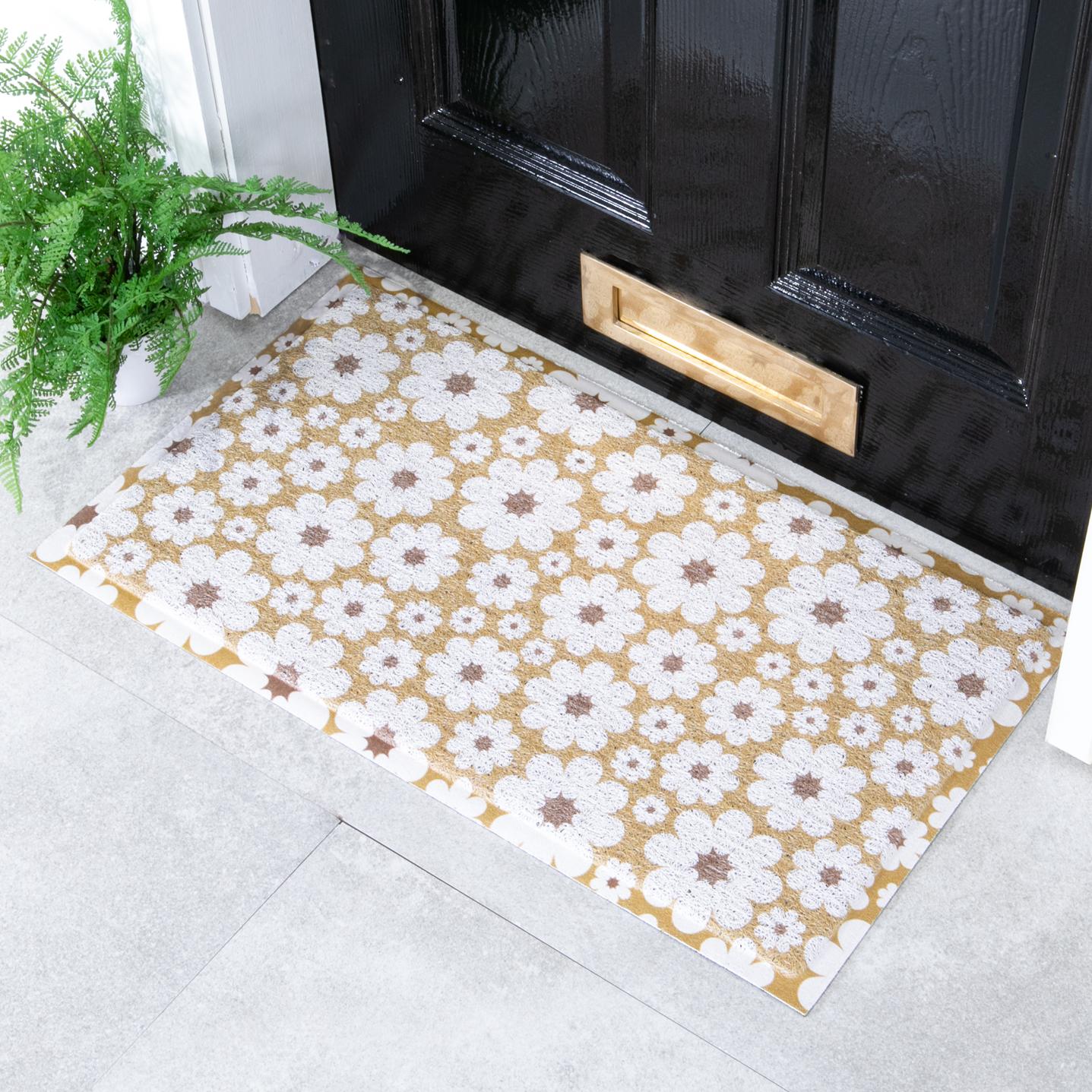 Felpudo para exterior con flores verdes y crema (70 x 40 cm)
