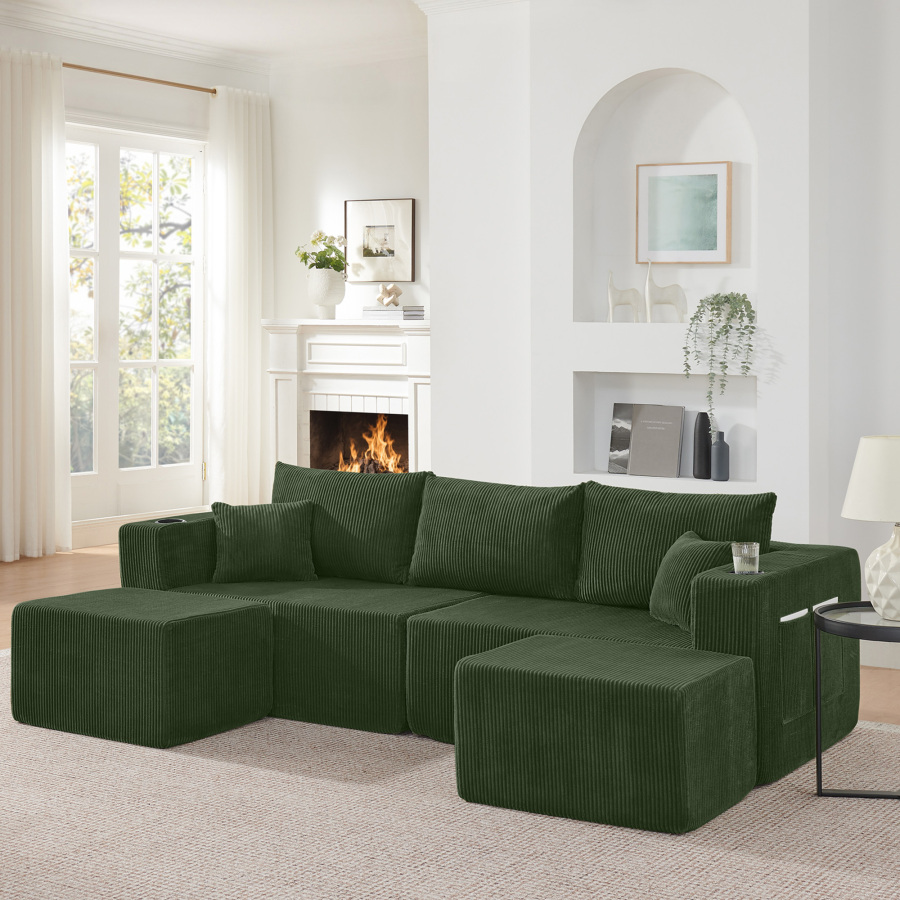 Sofá en l modular 3 plazas pana verde con otomanas y portavasos