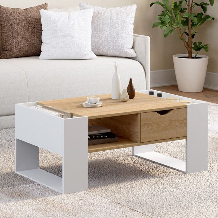 Mesa de centro rectangular - blanco madera - 1 cajón - 100 x 50 x 40 cm