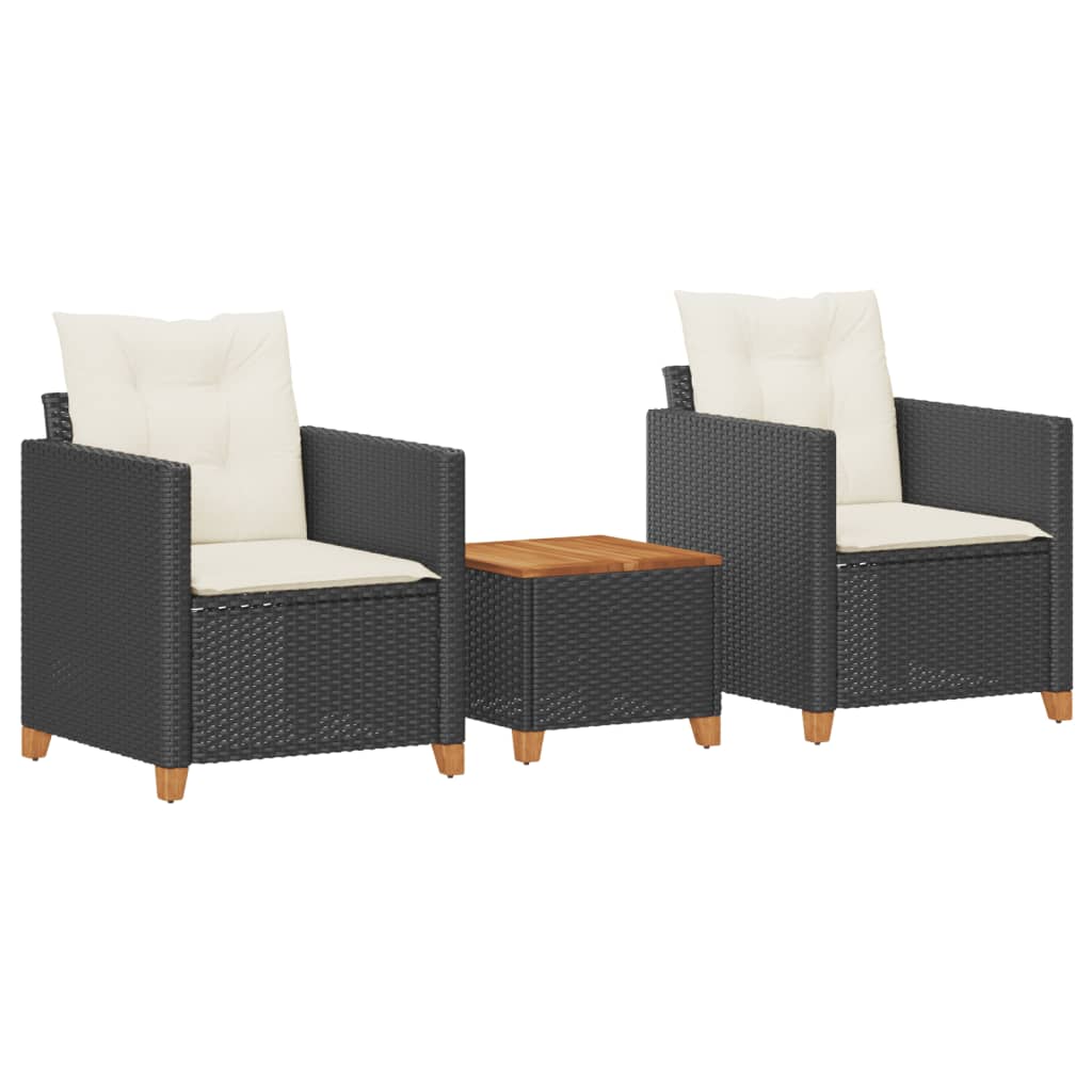 vidaXL mesita y sillas con cojines 3 pzas ratán pe madera acacia negro