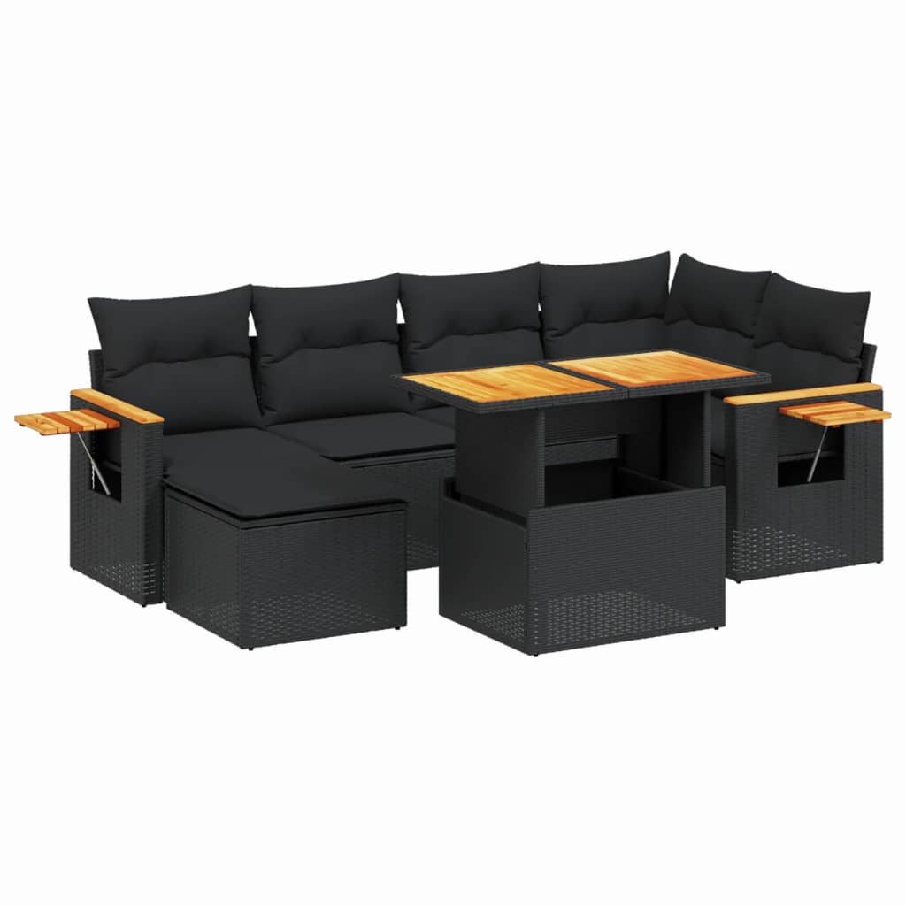 vidaXL set de comedor de jardín 7 pzas y cojines ratán sintético negro