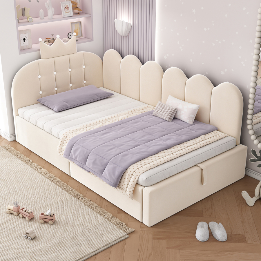 Cama tapizada 90x200cm tipo diván con almacenaje terciopelo beige