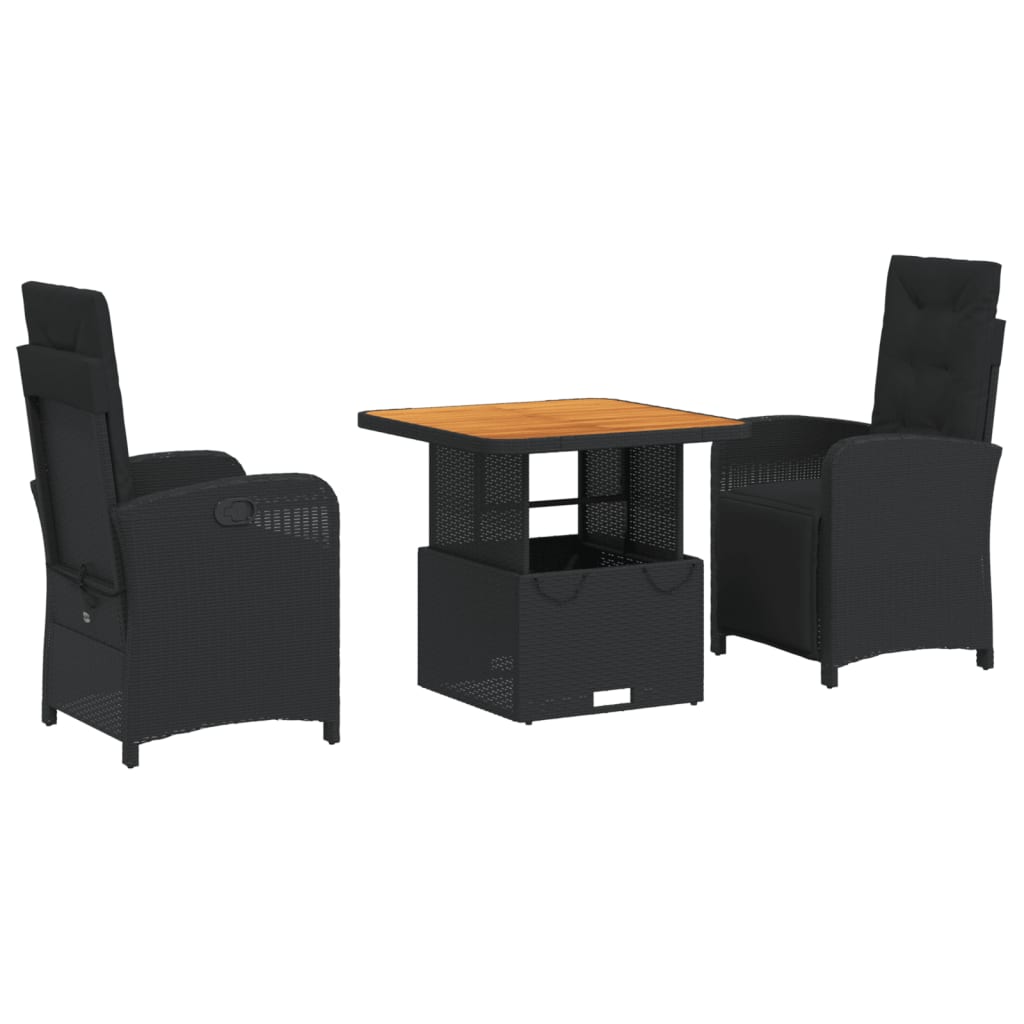 vidaXL set comedor de jardín 3 pzas con cojines ratán sintético negro