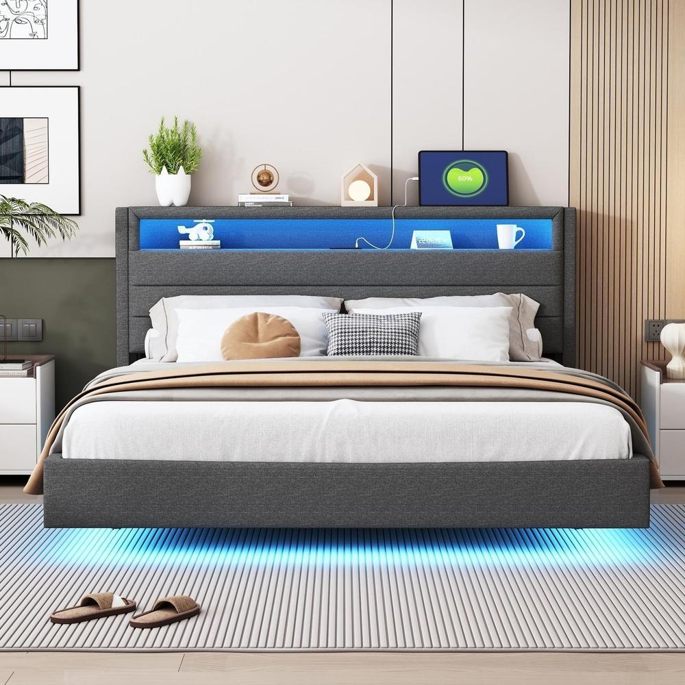 Cama 160x200cm con usb, LED, cabecero reversible y patas ocultas gris