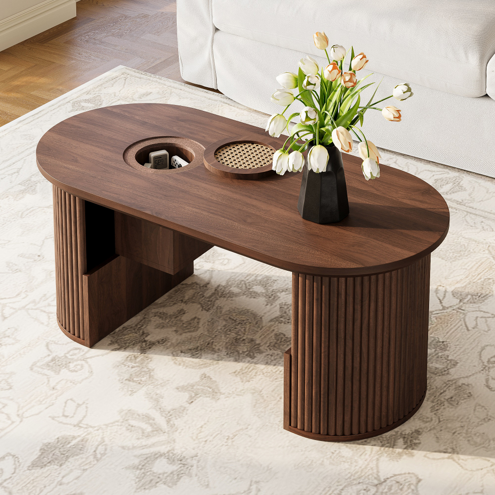 Mesa de centro ovalada con almacenaje mdf nogal 46,5x105x50cm