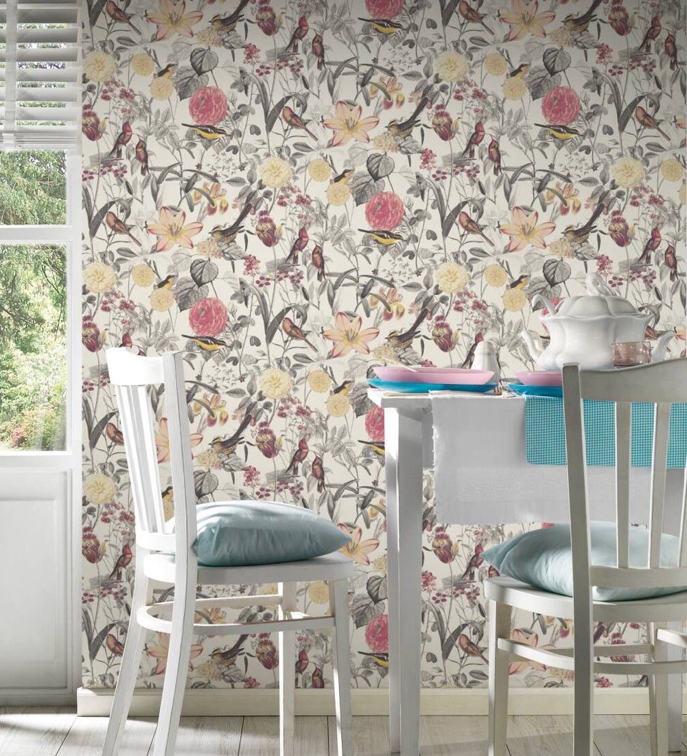 Papel pintado gaulan lavable con dibujo de flores y pájaros con 5.33m²