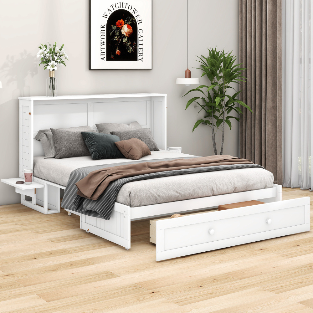 Cama abatible 140x200cm con cajón y estantes madera – blanco