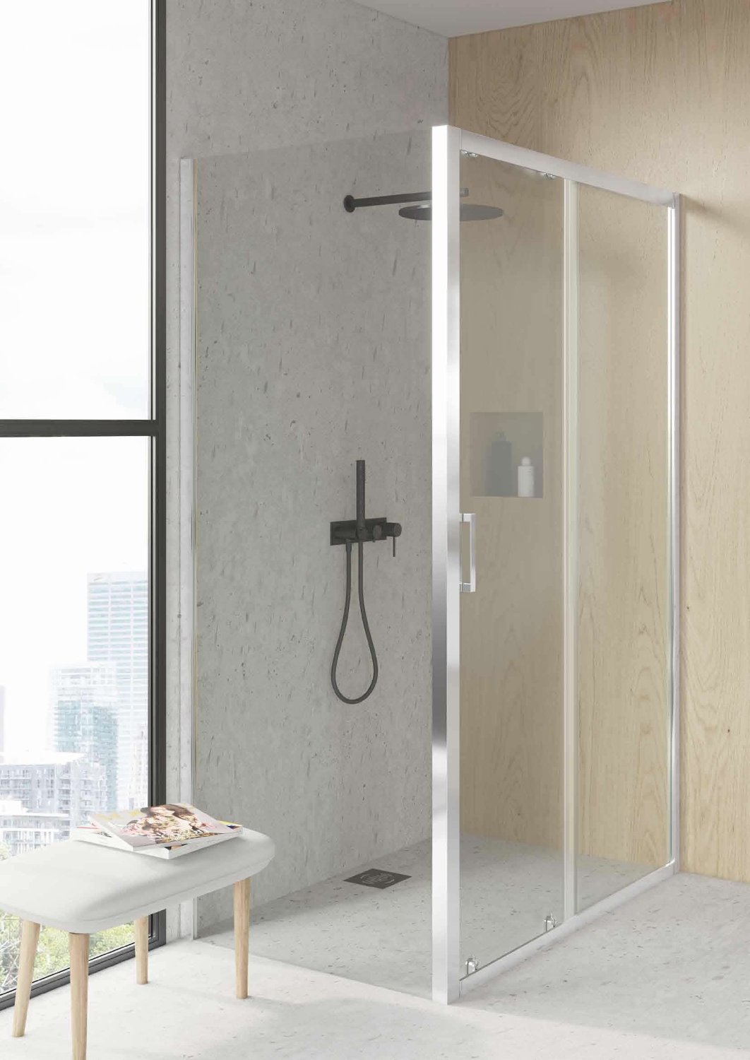 Mampara de ducha angular cromo f2 - 1 fijo+1puerta+1 fijo - 70x130cm