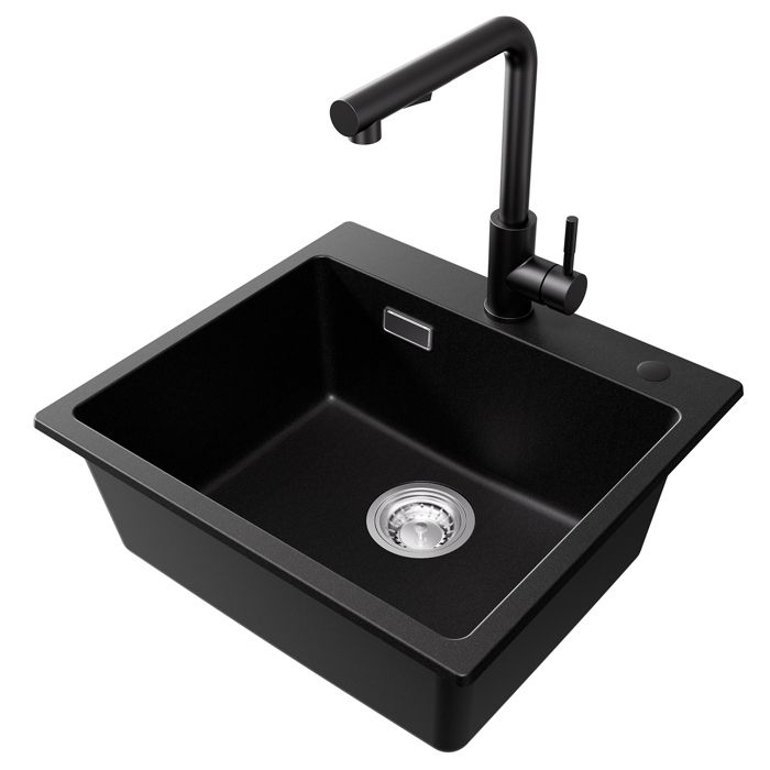 Fregadero de cocina negro de granito 50x45cm con grifo de cocina extraíble