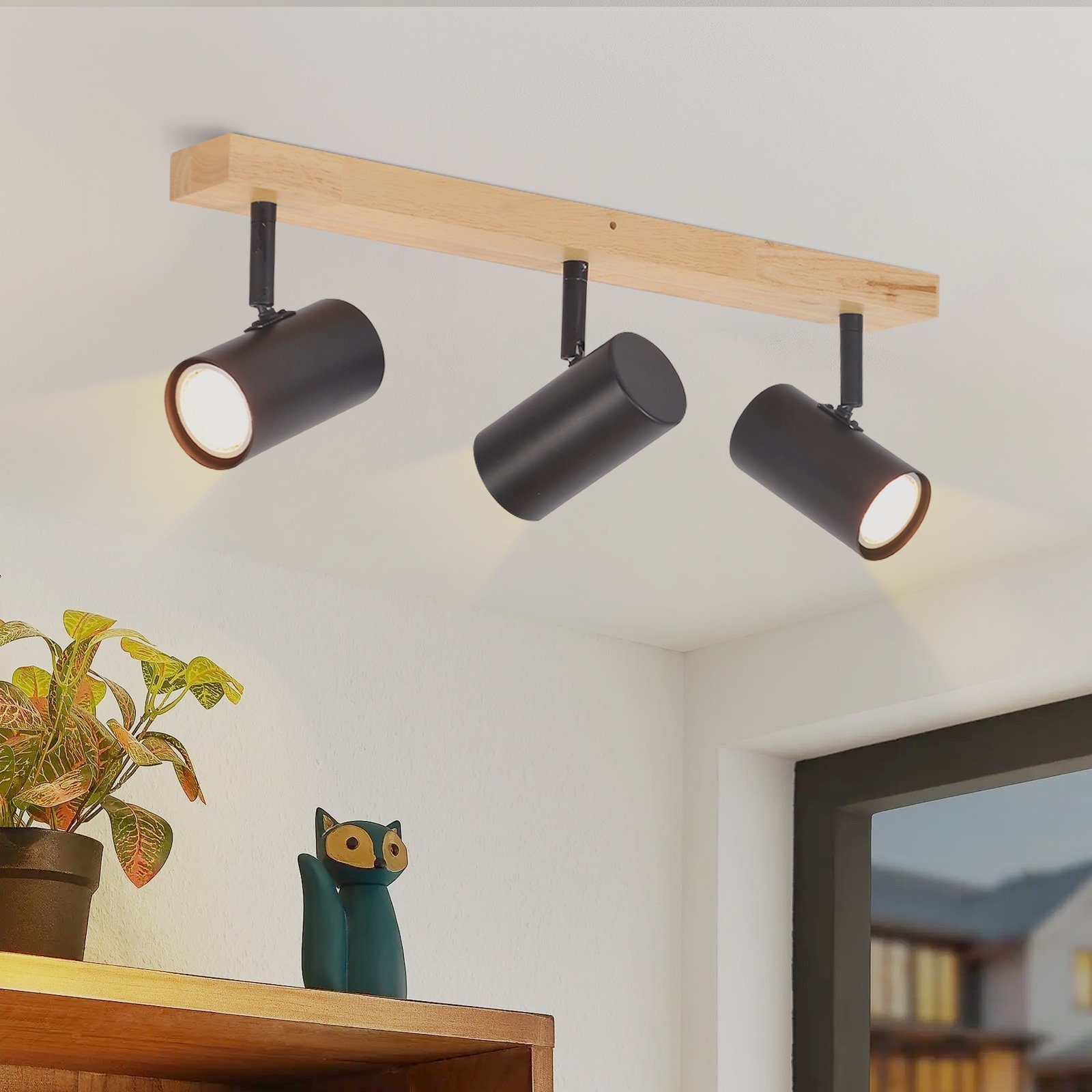 Nettlife lámpara foco negro 3 llamas gu10 madera moderna retro metal