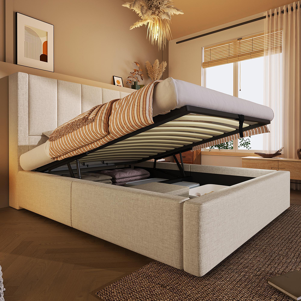 Cama tapizada,90x200,portavasos ocultos,beige,incluye colchón