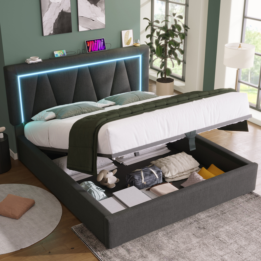 Cama tapizada 140x200cm con LED, usb y almacenaje lino – color gris