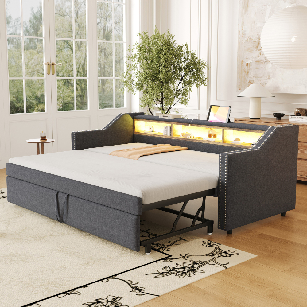 Cama nido 90/180x190cm con LED, usb y compartimentos lino gris oscuro