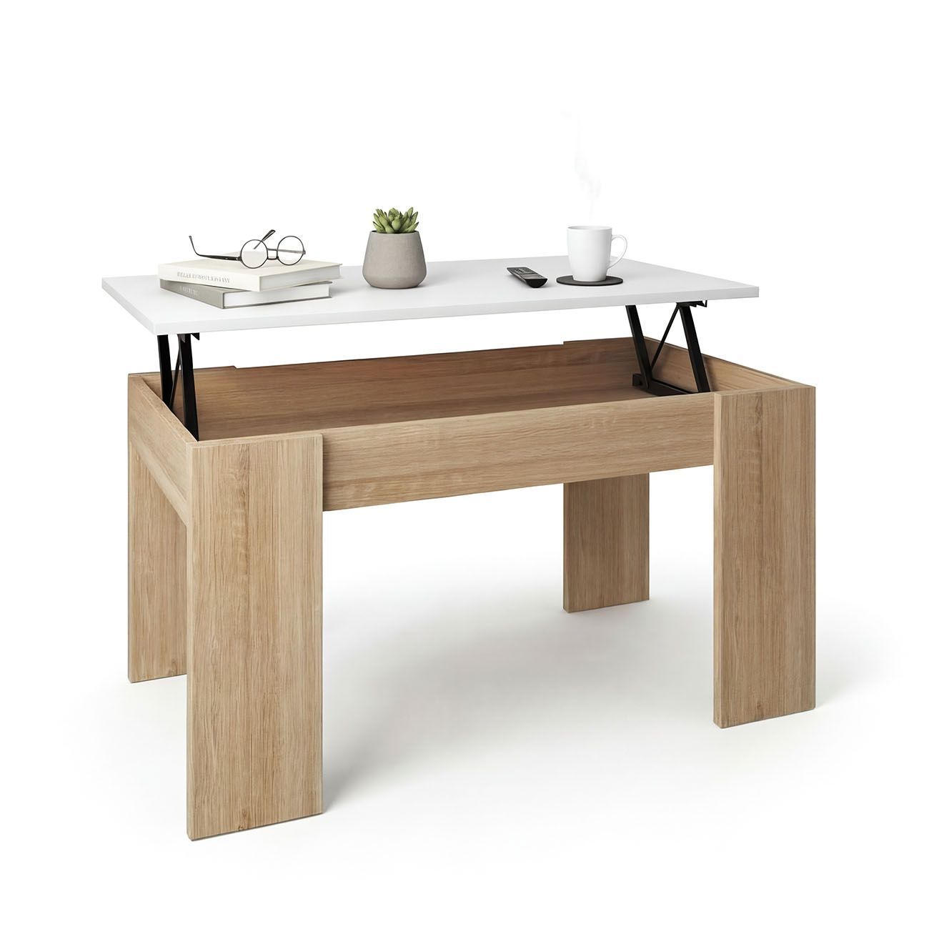 Mesa de centro elevable con almacenaje 90x43-53 cm norak roble - blanco