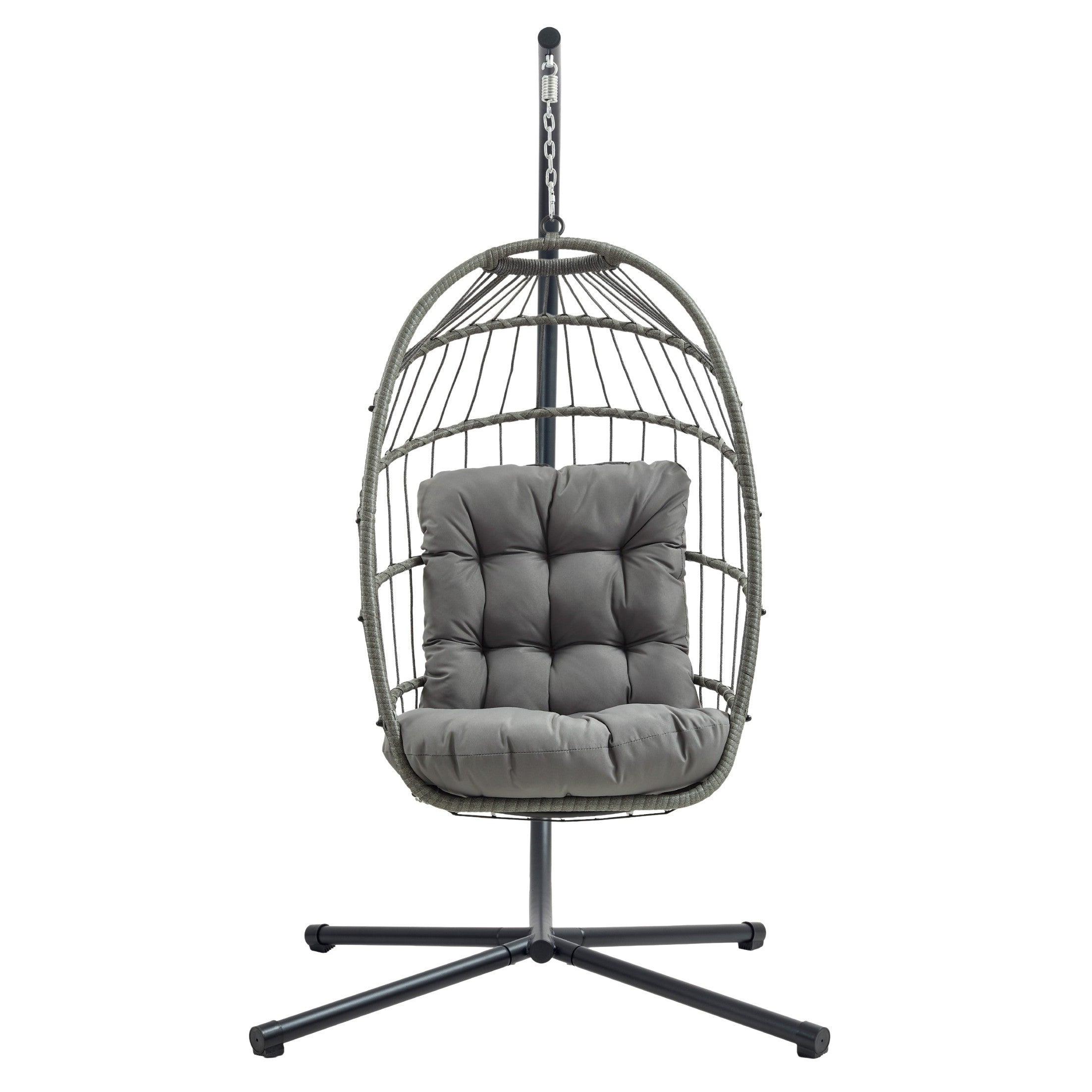 Silla coLGante tipo huevo ratán gris con soporte + cojín extra grueso 15cm