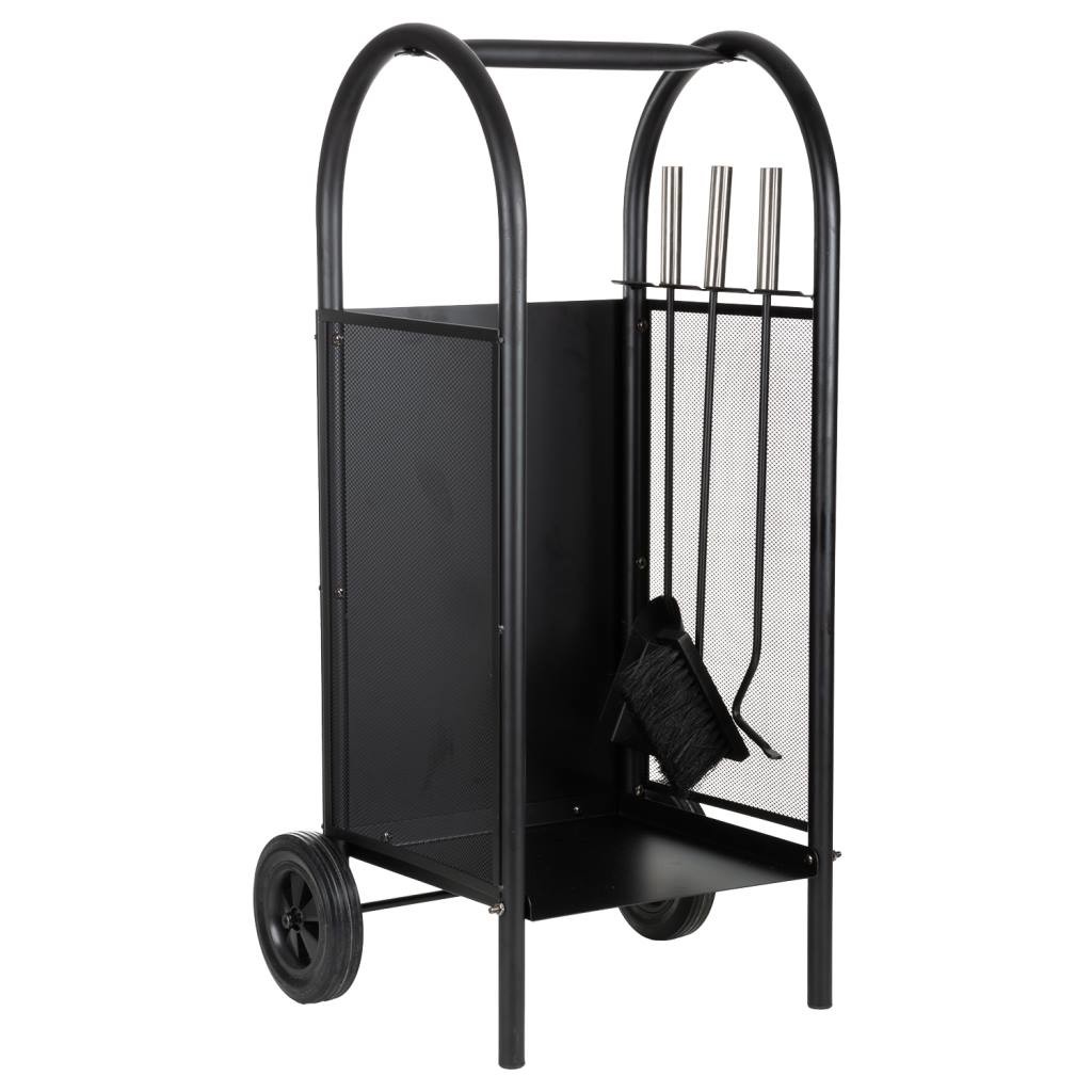 Leñero de metal con herramientas de chimenea negro 35x32x81
