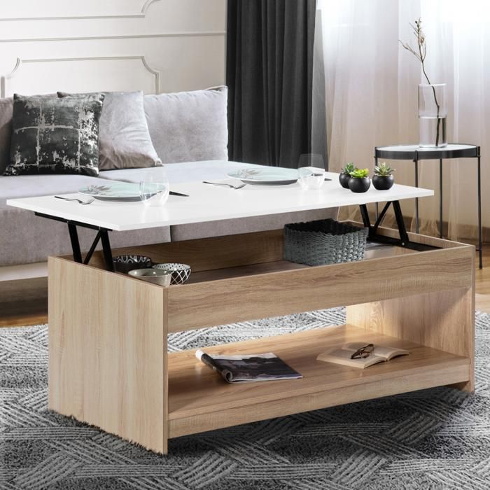 Mesa baja elevable rectangular blanca efecto haya - 110x60,5x45 cm