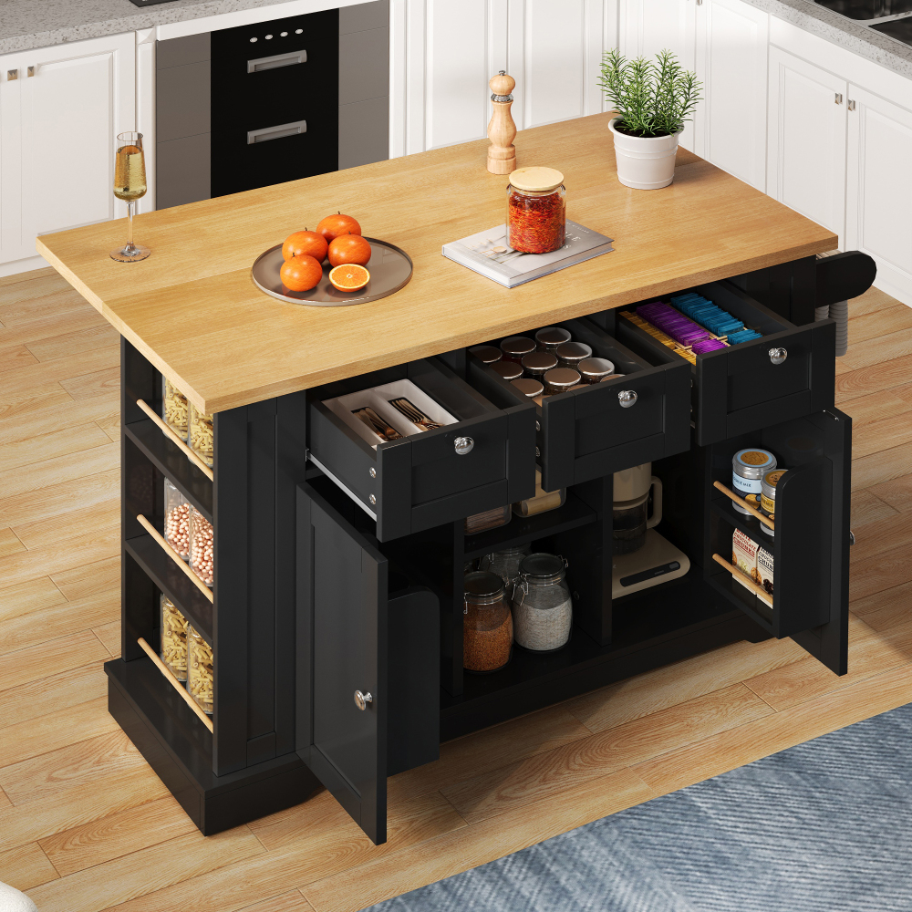 Isla de cocina móvil plegable 3 cajones natural negro 87x132x40-70cm