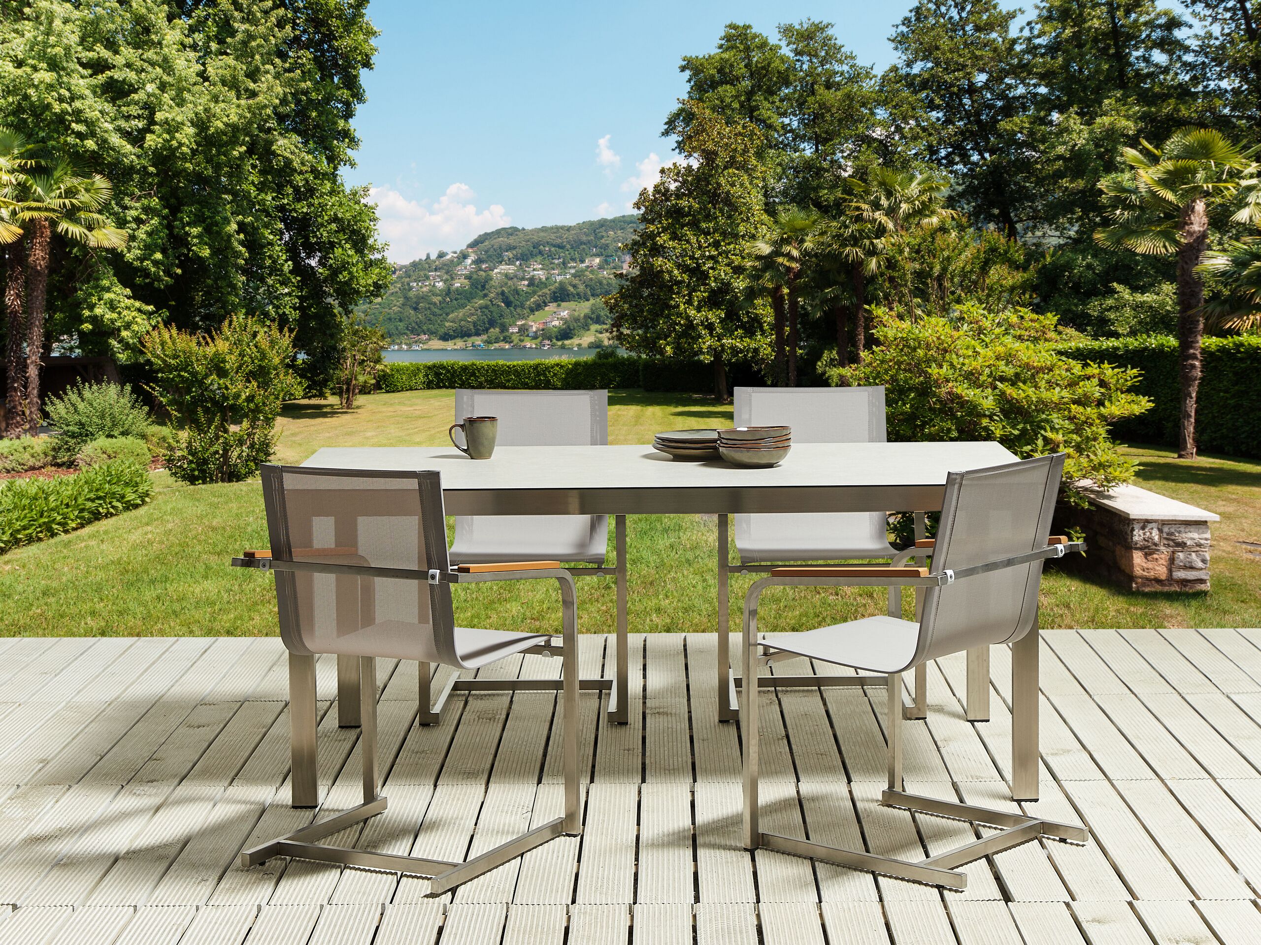 Conjunto de comedor exterior 4 plazas cosoleto vidrio templado blanco