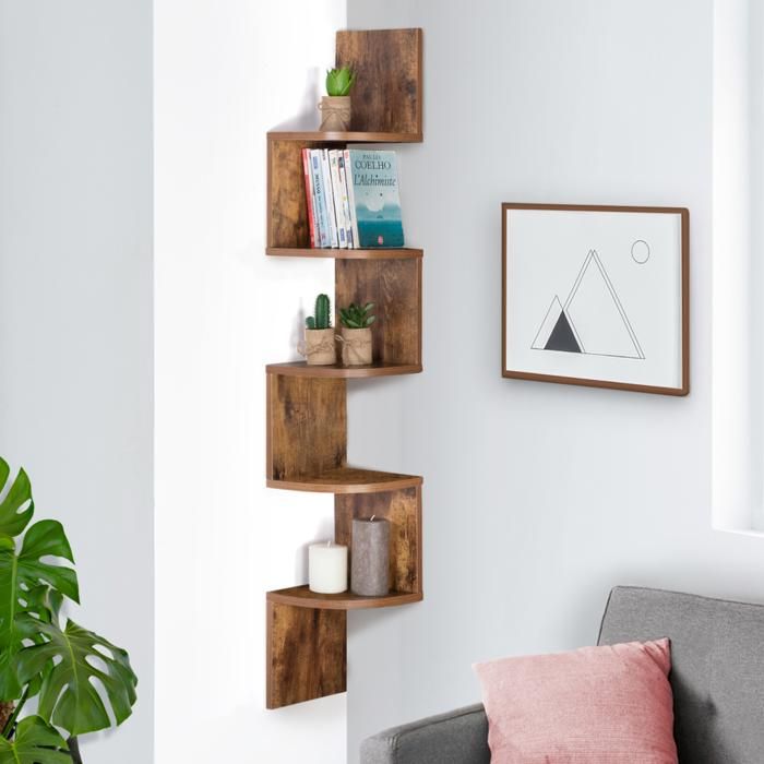 Estantería esquinera de pared - madera envejecida - 5 niveles - 120 cm