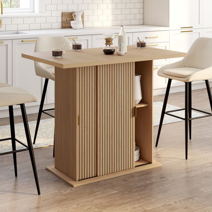 Isla central de madera con efecto de listones para 4 personas - 110 cm
