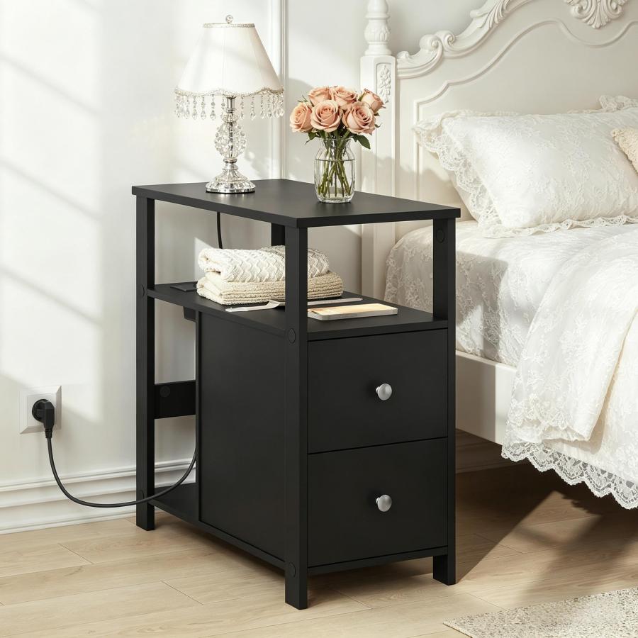 Mesa auxiliar con enchufes y 2 cajones madera negro 60x60x30cm
