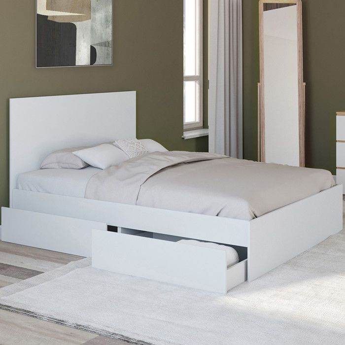 Cama doble blanca con 4 cajones - 140 x 190 cm