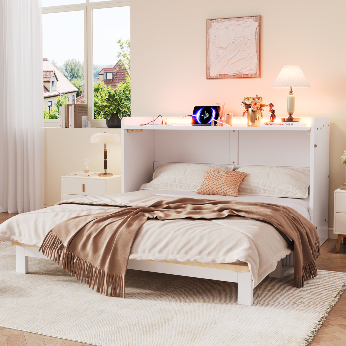 Cama armario con cajones y luz LED y carga usb blanca 140x200cm