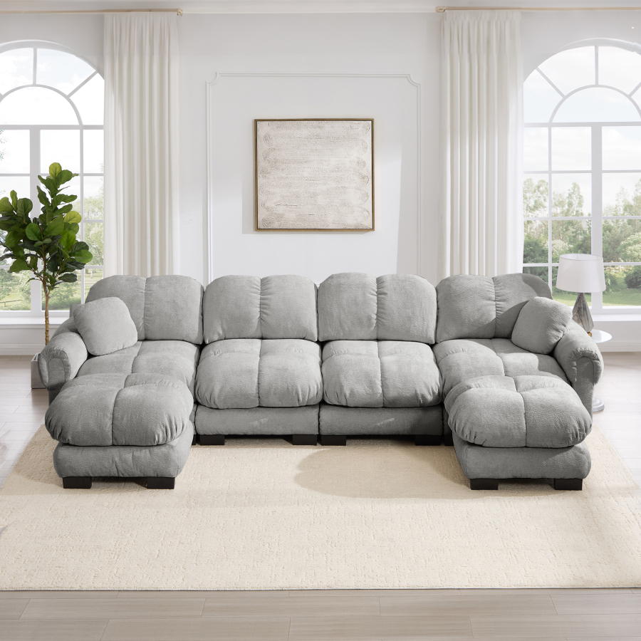 Sofá en u modular chenilla gris claro 4 plazas con 2 otomanas móviles