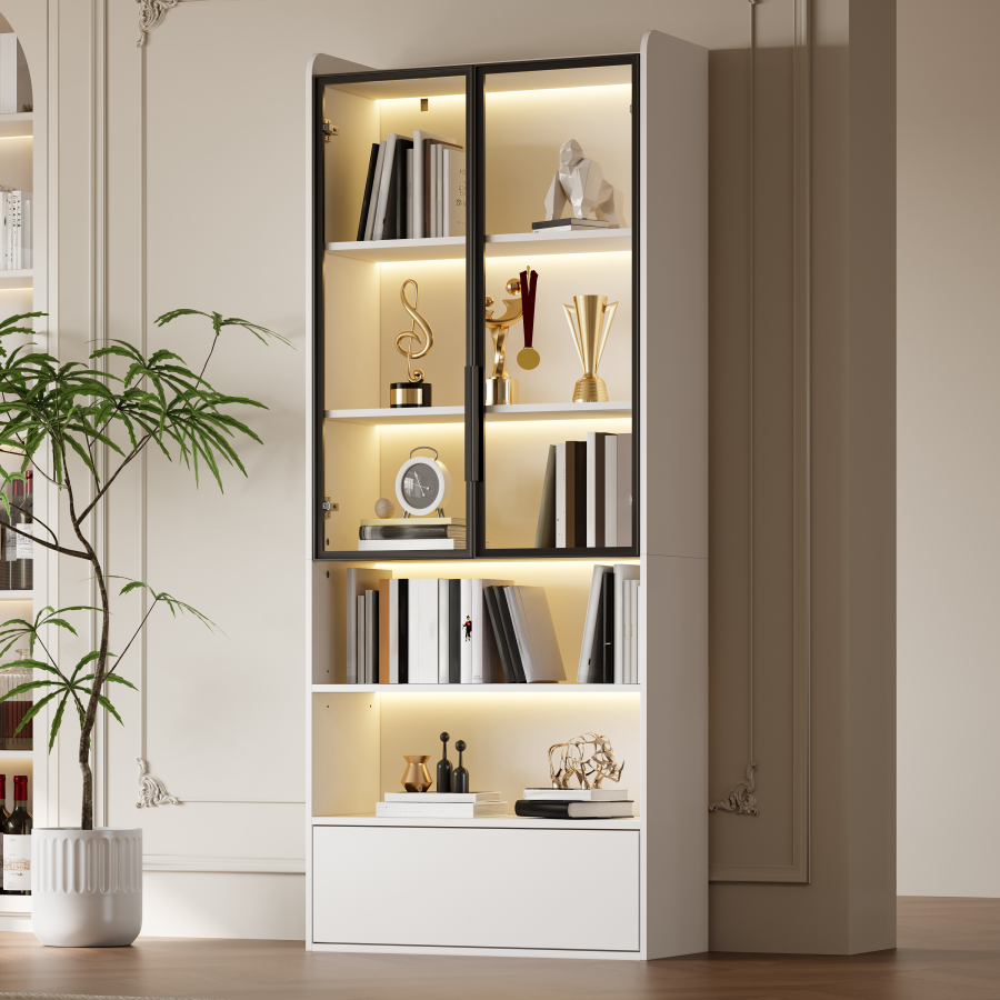 Vitrina con 1 cajón puertas de cristal LED blanca 180x80x34cm
