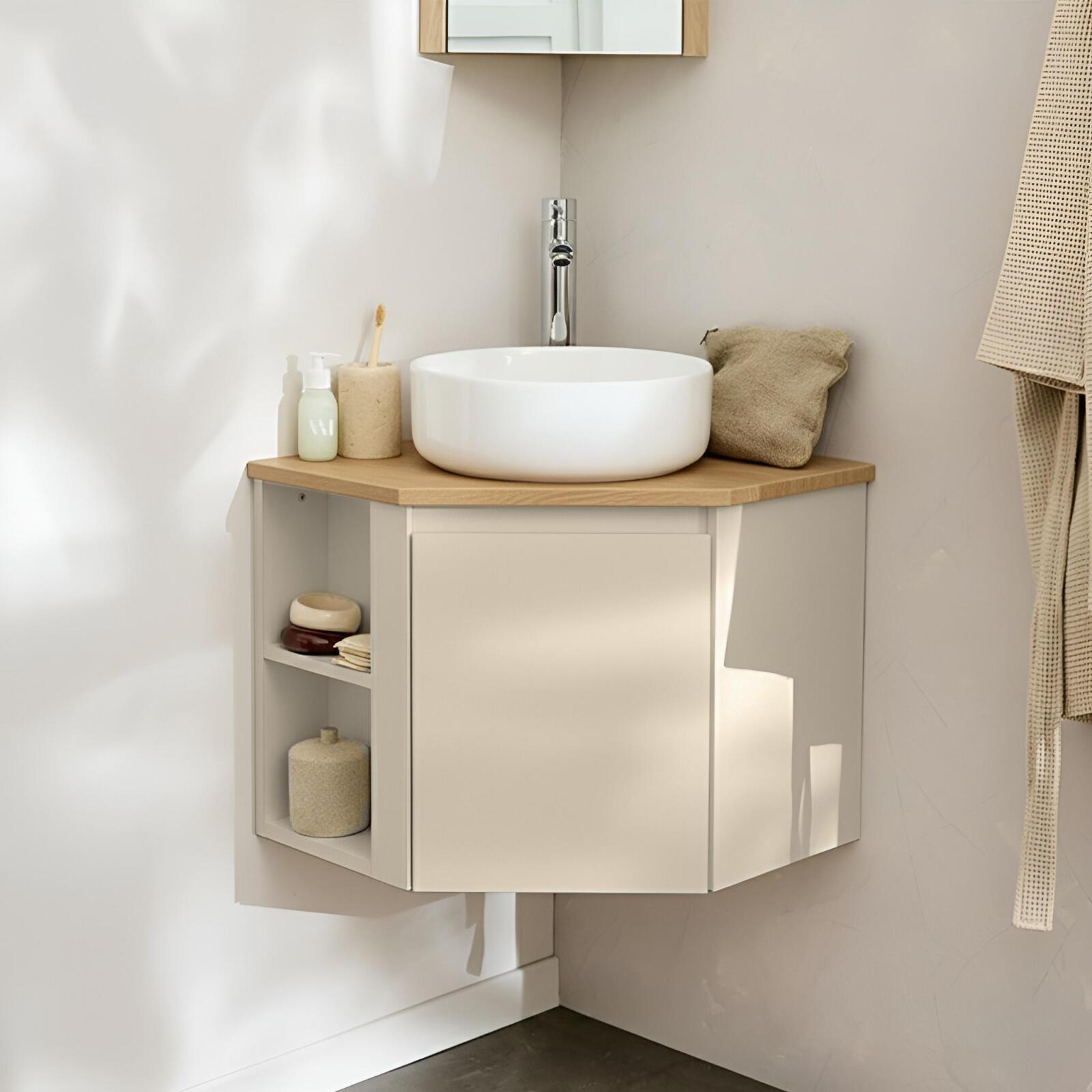 Conjunto mueble bajo lavabo de esquina + lavabo blanco + grifo sorrento