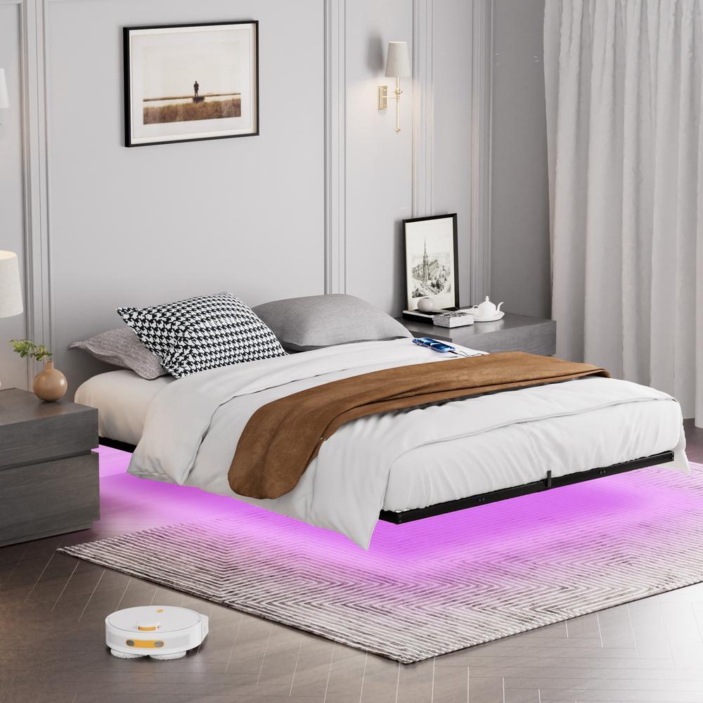 Cama flotante 160x200 cm con LED, usb, metal negro