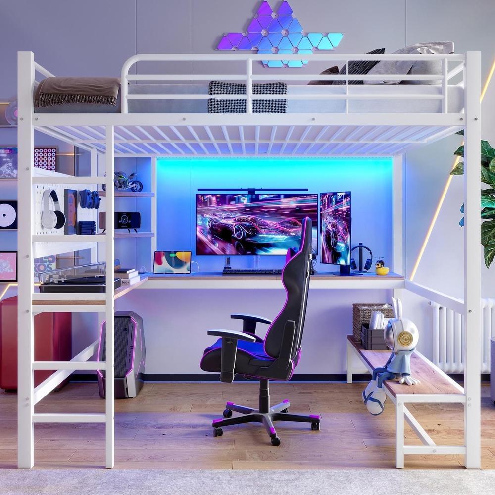 Cama alta 140x200cm con escritorio, usb-c, estantes y escalera, blanca