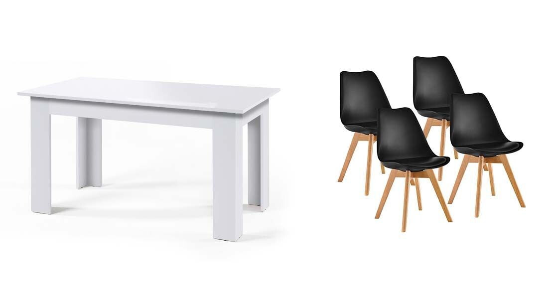 Pack mesa fija de comedor o cocina blanco + 4 sillas nordic negro