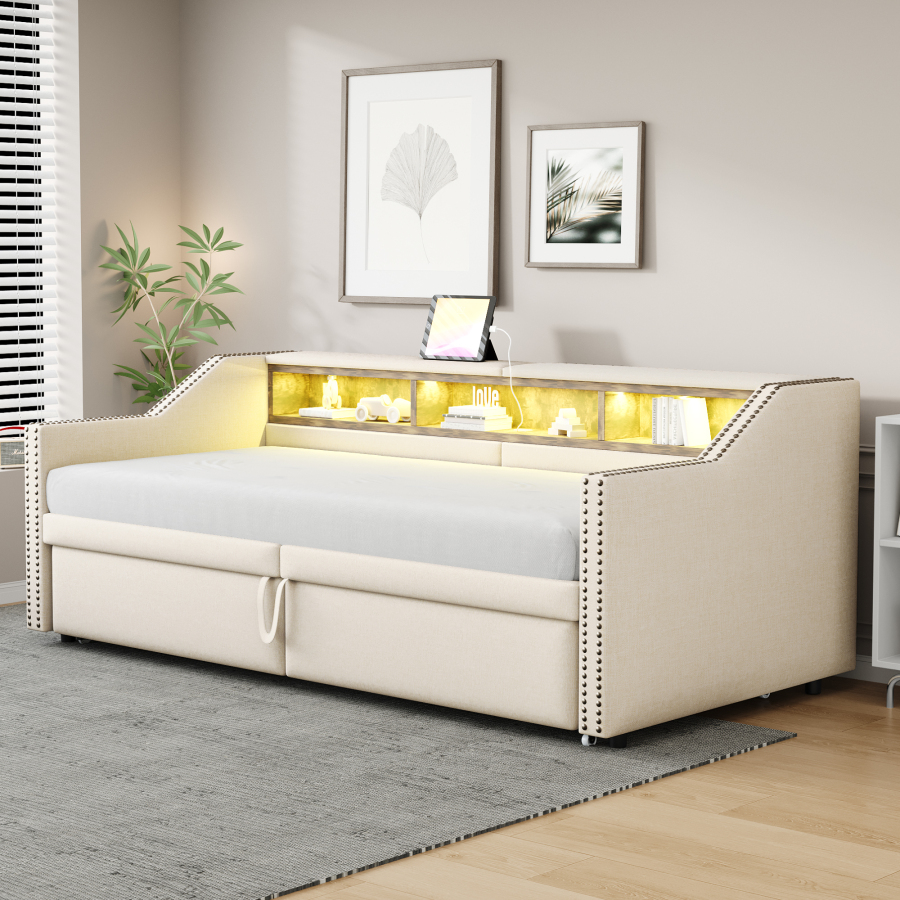Sofá cama 90/180x200cm extensible LED usb almacenaje lino beige 2 colchones