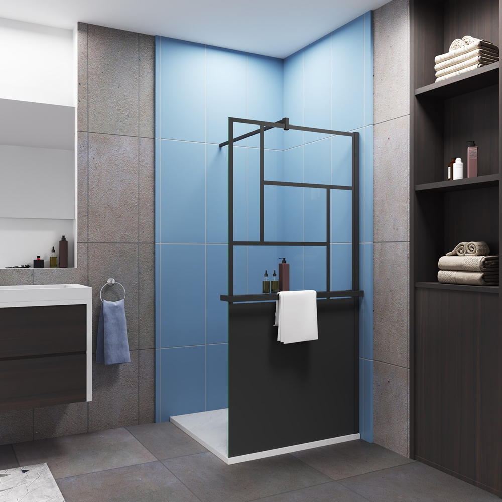 Mampara de ducha fija con estante-100x200cm-serigrafía negra-barra1 90cm