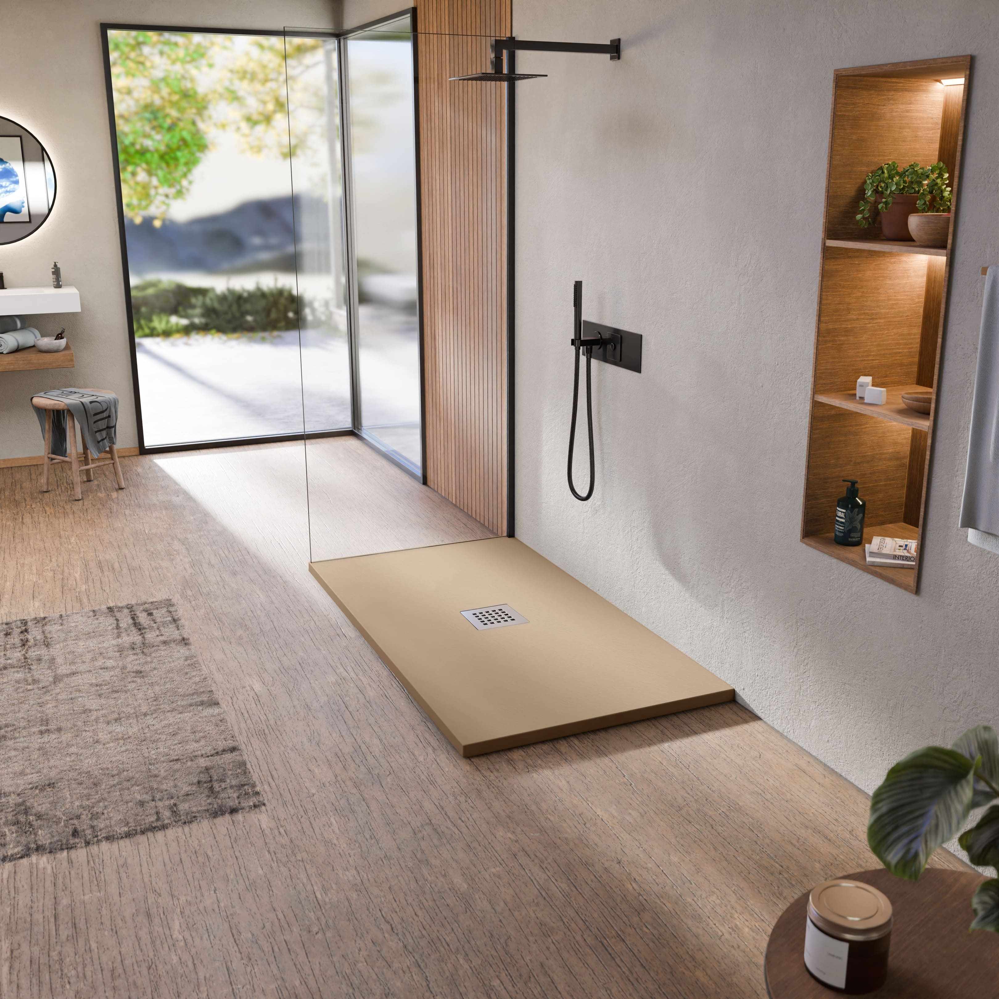 Plato de ducha de resina antideslizante arena 75 x 100 cm bellobath
