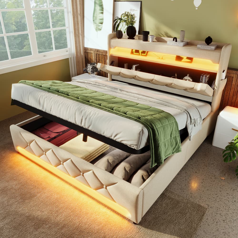 Cama tapizada 180x200cm con LED, usb-c, canapé hidráulico, lino – beige